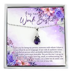 a necklace with purple flowers on it and a poem written in the background that says, for