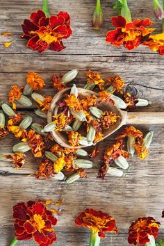 several different types of flowers are on a wooden surface with spoons full of them