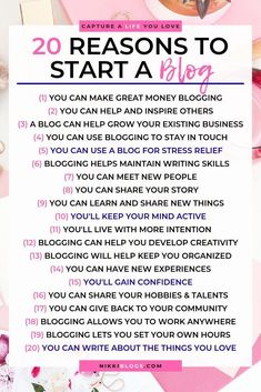 a pink and white photo with the words 20 reasons to start a blog on it