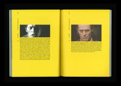 an open yellow book with two pictures of people on the front and back pages in black