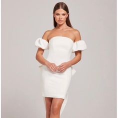 Reposhing This Item I Purchased From @Peppyblonde. It Sadly Didn’t Fit Me So I Couldn’t Wear It. Questions? Leave A Comment Below! Nadine Merabi, Bridal Shower Dress, Fitted Mini Dress, Bridal Event, Shower Dresses, Mini Dress With Sleeves, White Mini Dress, Dress With Bow, Perfect Dress