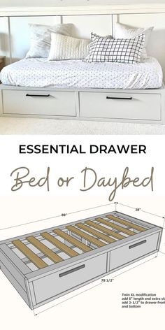 an image of a bed with drawers in it and the measurements for each drawer below