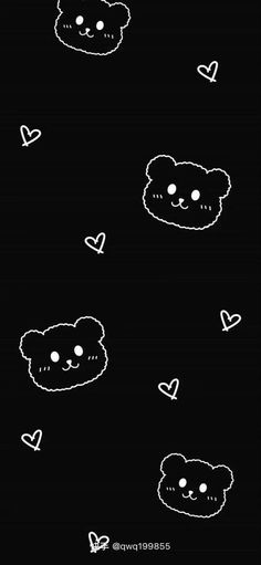 black and white drawing of teddy bears with hearts on their faces in the night sky