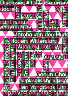 a poster with words written in pink and green