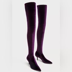 Zara Velvet Thigh High Heel Boots Size 38 Purple Thigh High Boots, Velvet Thigh High Boots, Thigh High Heel Boots, Wrap Around Heels, Navy Blue Heels, Thigh High Heels, Purple Heels, Zara Heels, Thigh High Boots Heels