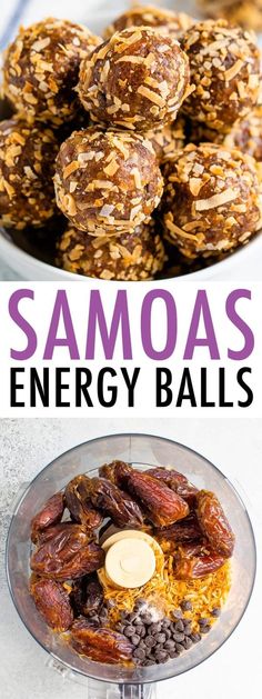 an image of energy balls in a food processor with the words samoas on it