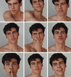 multiple shots of a man making different facial expressions with his fingers to his mouth and nose