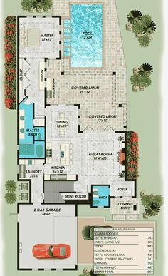 the floor plan for a house with an outdoor swimming pool and hot tub in it