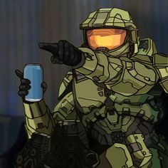 an animated image of a soldier holding a can of beer