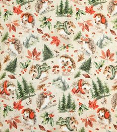 an animal themed fabric with trees, leaves and berries on it's white background