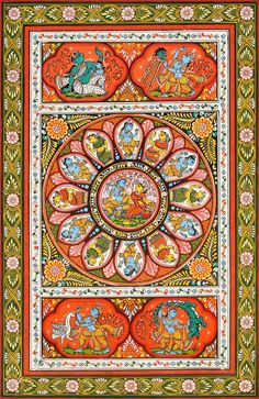 an intricately decorated painting with colorful designs on the walls and ceiling, depicting hindu deities