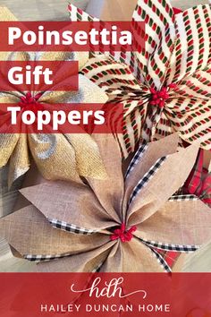 the words, 11 poinsettia gift toppers are in red and white