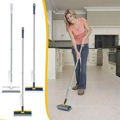 a woman is cleaning the floor with a mop