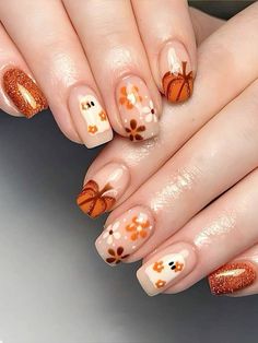 Nail Design Gold, Autumn Manicure, Nagellack Trends, Halloween Press On Nails, Pumpkin Nails, Nagel Tips, Smink Inspiration, Purple Nail, Nail Art Set