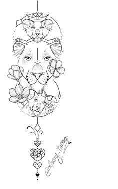 a drawing of a lion with flowers and hearts on it's head, in the middle