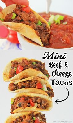 three tacos with beef and cheese in them, one being held up to the camera