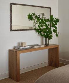 a plant is sitting on top of a table in front of a mirror and couch