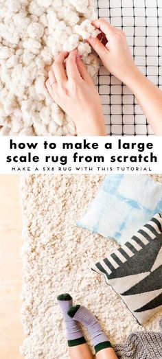 someone is making a large scale rug from scratch with their feet on the floor and another person's legs