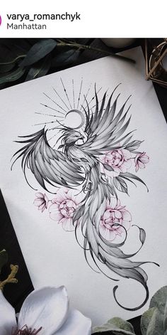 a drawing of a bird with flowers on it