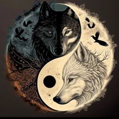 two wolfs are sitting next to each other in front of a yin yang sign