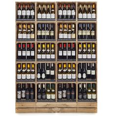 a wooden wine rack filled with lots of bottles