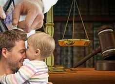 a man holding a small child in front of a judge's gavel