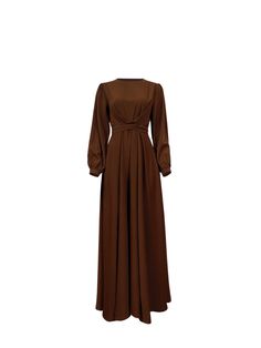 A classic abaya style with a trendy twist. Imani boasts a round neckline and wide thin cuffed sleeves. Front ties allow for versatile tying; either cross them over and tie them back or create a big bow in front. There are multiple ways to dress this maxi! Imani can be worn to any formal event or night out and is made from the highest quality polyester blend fabrics. This dress is a staple in any modest/hijabi fashion wardrobe. Available in more shades. - Care: Dry Clean Recommended. Hand Wash/Ha Modest Long Dresses Hijab Styles, Brown Modest Dress, Brown Dress Hijab, Hijabi Maxi Dress, Modest Hijabi Fashion, Muslim Fashion Dress Simple, Brown Vintage Dress, Long Dress Hijab, Hijabi Dresses