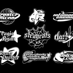 various logos and stickers on a black background