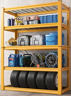 a yellow shelving unit with tires and other items