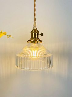 a glass light hanging from a ceiling with a flower on the wall next to it