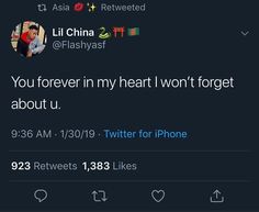 the tweet is being posted to someone on their phone, and it says you forever in my heart won't forget about u