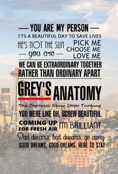 an advertisement with the words grey's anatomy in black and white, on top of a cityscape