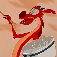 a cartoon character holding chopsticks in front of a bowl