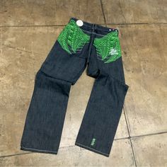 Material: 100% Cotton Recycled Denim Bottoms For Streetwear, Streetwear Indigo Jeans With Five Pockets, Indigo Jeans With Five Pockets For Streetwear, Indigo Denim Bottoms For Streetwear, Indigo Cotton Bottoms For Streetwear, Green Relaxed Fit Jeans With Hip Pockets, Green Relaxed Fit Jeans, Blue Streetwear Pants With Standard Cut Leg, Green Denim Jeans With Five Pockets