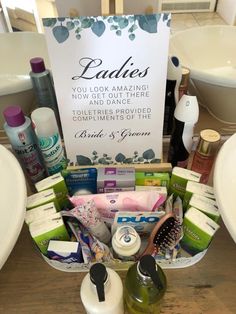 a basket filled with personal care products on top of a wooden table