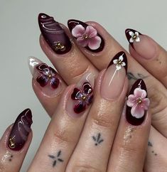 Brown Nails Flower Design, Bat Nails Square, Nail Art Formal, Blue Purple And Green Nails, Easy Jelly Nails, Academic Nails, Press On Nail Aesthetic, Fall Nails With 3d Flowers, Purple And Copper Nails