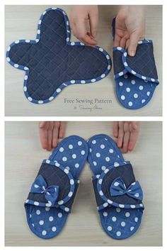 someone is making slippers that look like they are made out of denim and white polka dots