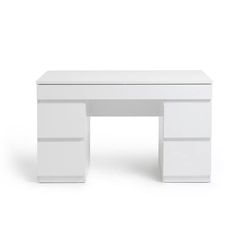 a white desk with two drawers on the top and one drawer at the bottom, in front of a white background