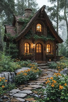 a stone path leads up to a small house with windows and lights on the roof