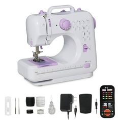 the sewing machine is white and has purple trim