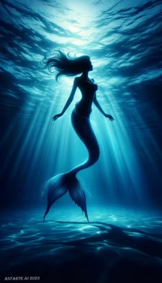 a mermaid is swimming in the ocean with sunlight streaming through her hair and back to the camera