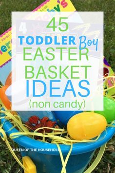 a basket filled with easter eggs and toys in the grass, with text overlay that reads