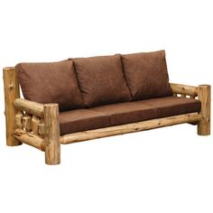 a couch made out of logs with brown pillows on it's back and arms