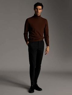 Mens Fall Formal Outfit, Black Longsleeves Outfit Men, Mens Fashion Semi Formal, Black Longsleeves Outfit, Longsleeves Outfit Men, Buisness Outfits, Black Shoes Outfit, Overall Men, Black Sweater Outfit