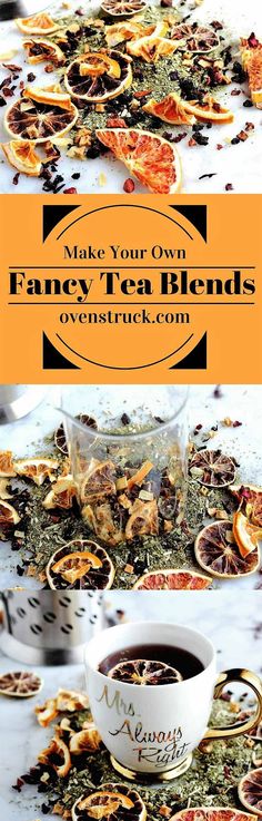 an assortment of fancy tea blends on a table with orange slices and dried herbs