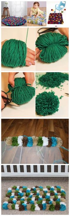 the steps to make a yarn ball wreath with pom - poms are shown