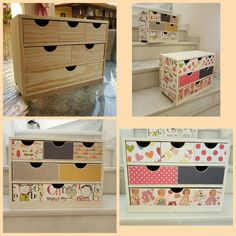 the drawers are decorated with cartoon characters and polka dot designs, along with other decorative items