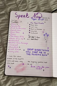 an open notebook with writing on it and notes about how to speak in the book