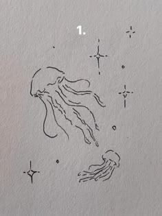 an ink drawing of a jellyfish with stars in the background