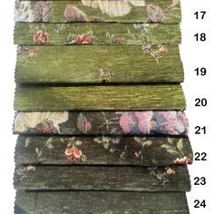 four different shades of green fabric with flowers on them and numbers in the bottom row